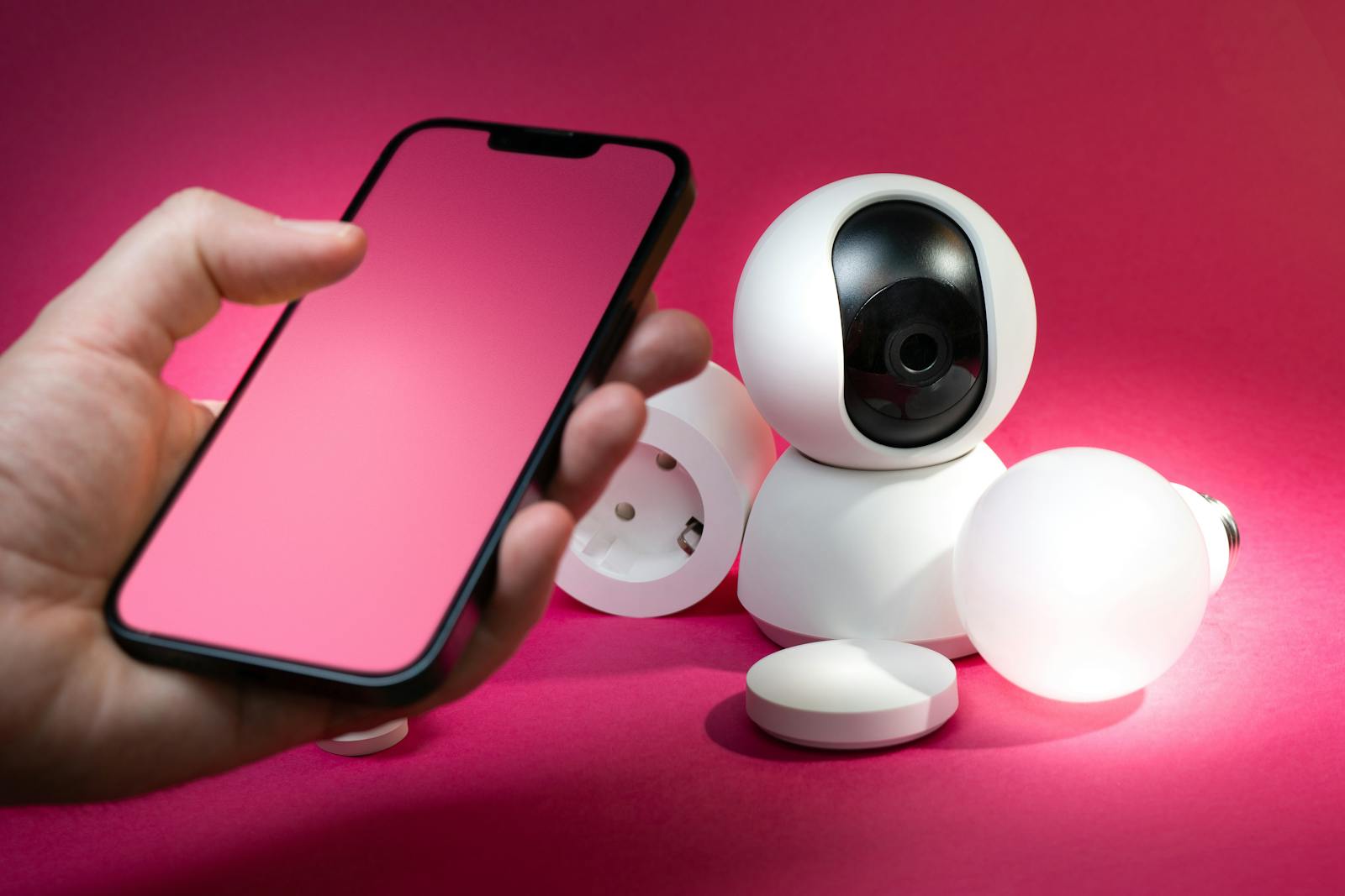 Real smart home devices and controls arranged in a home scene